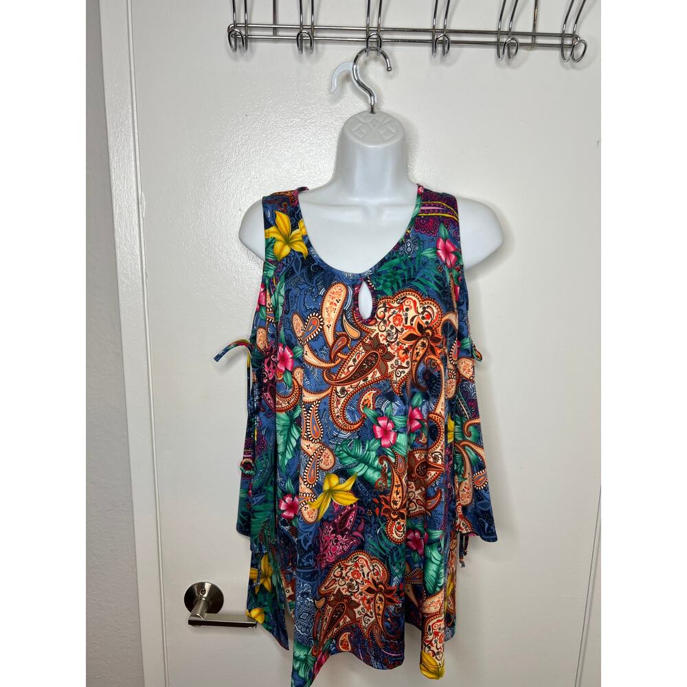 Slinky Brand Women's Cold Shoulder Tie Sleeve Multicolor Keyhole Top ~ Size M